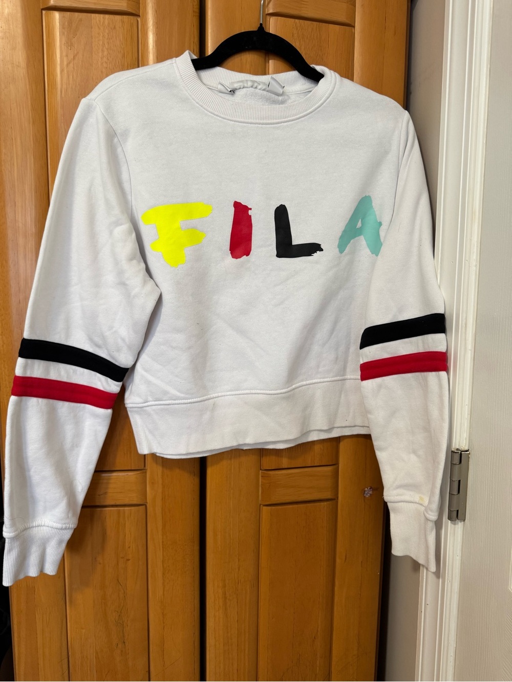 Fila White Crewneck Sweatshirt with Neon Yellow, Red, Black & Mint Logo